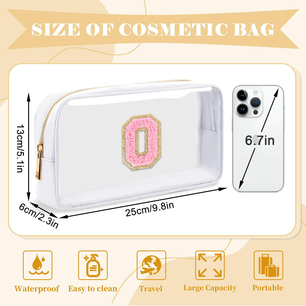 UIXIZQ Personalized Initial Letter Clear Makeup Bag,Preppy Small Nylon&PVC Cosmetic Zipper Bag with Chenille Letter,Travel Skincare Toiletry Bag,Monogram Christmas Gift for Teen Girls Women,O