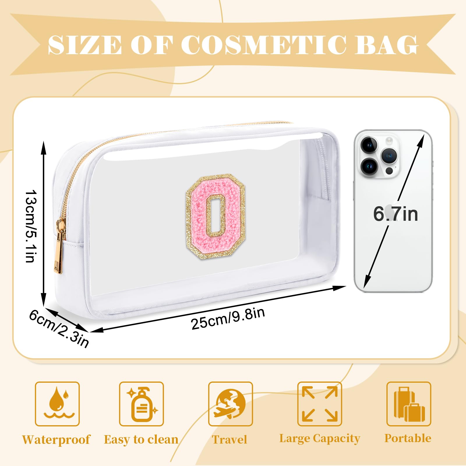 UIXIZQ Personalized Initial Letter Clear Makeup Bag,Preppy Small Nylon&PVC Cosmetic Zipper Bag with Chenille Letter,Travel Skincare Toiletry Bag,Monogram Christmas Gift for Teen Girls Women,O