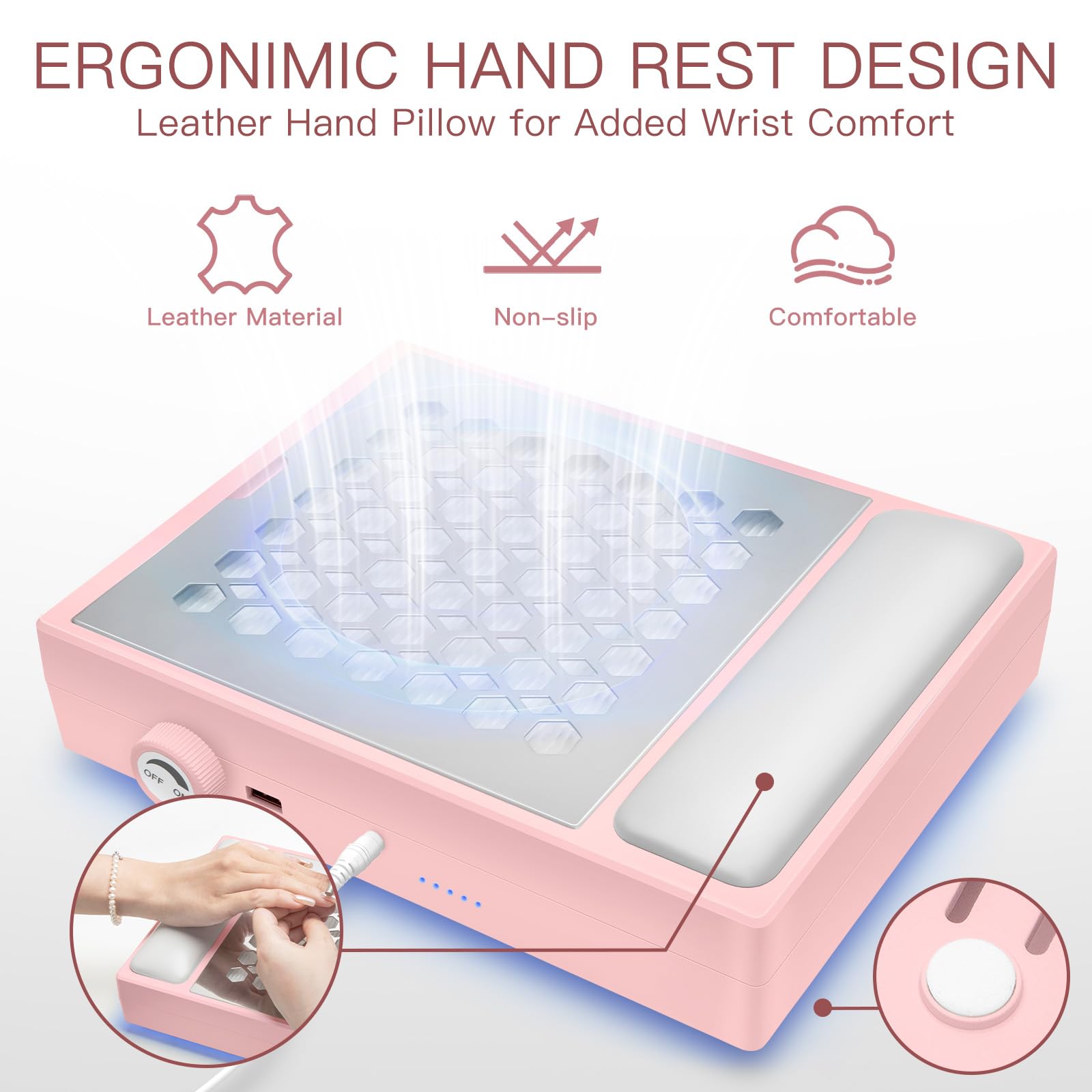 Madenia Powerful Nail Dust Collector - Brushless Quiet Vacuum Suction Fan Extractor with Hand Pillow 2 Filters 1 Brush, Nail Dust Cleaner Machine for Acrylic Gel Nail Polishing Nail Tech Use, Pink