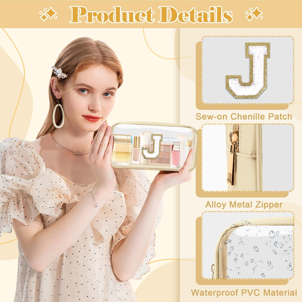 Personalized Initial Letter Clear Makeup Bag,Preppy Small Nylon&PVC Cosmetic Zipper Bag with Chenille Letter,Portable Beach Travel Skincare Toiletry Bag,Trendy Monogram Gift for Teen Girls Women,J