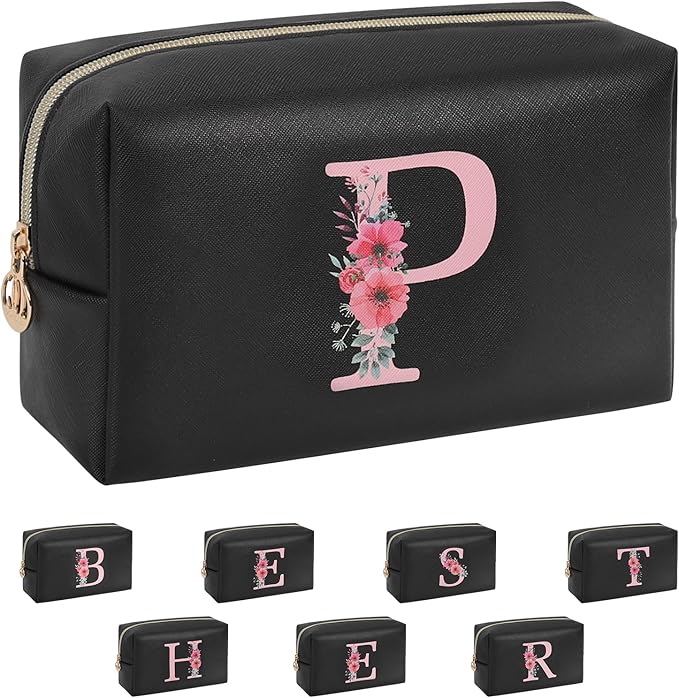 Initial Makeup Bag for Women, Travel Makeup Bag Small Cosmetic Bag, Birthday Gifts for Girls and Women, Teen Girls Gifts Trendy Stuff, Personalized Gifts for Grandkids Teacher Friends Bride Bridesmaid
