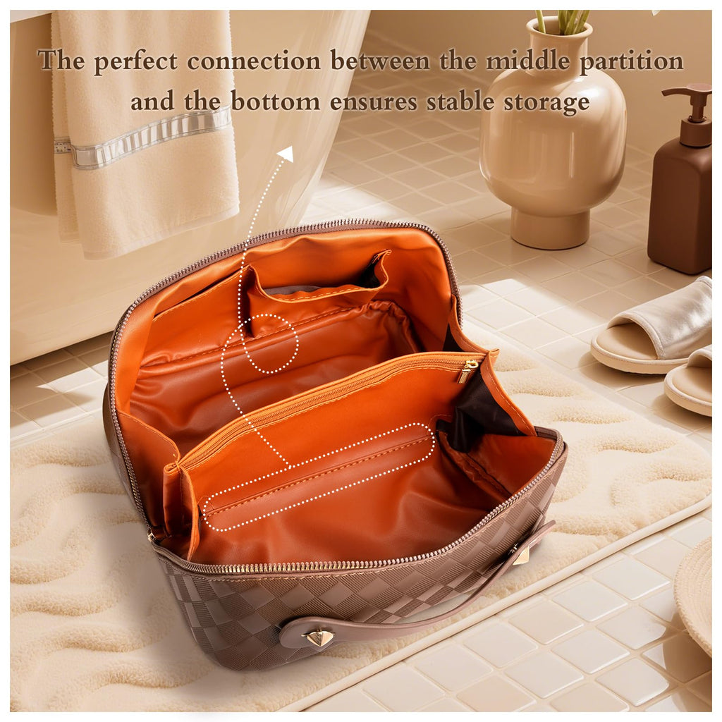 Abiudeng Travel Makeup Bag Large Capacity for Travel Essentials Open Flat Makeup bag Organizer with Divider and Handle-Rhombus Brown