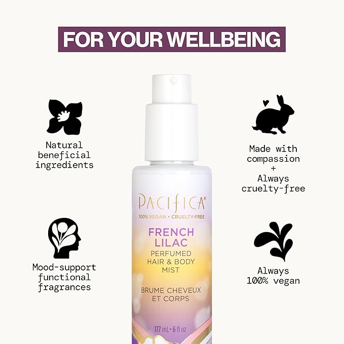 Pacifica French Lilac Hair & Body Mist – Clean Vegan Floral Hair Perfume Spray for Women, Fresh-Cut Lilac, Magnolia & Heliotrope Notes, Alcohol-Free Head-to-Toe Fragrance, Cruelty-Free, 6 Fl Oz