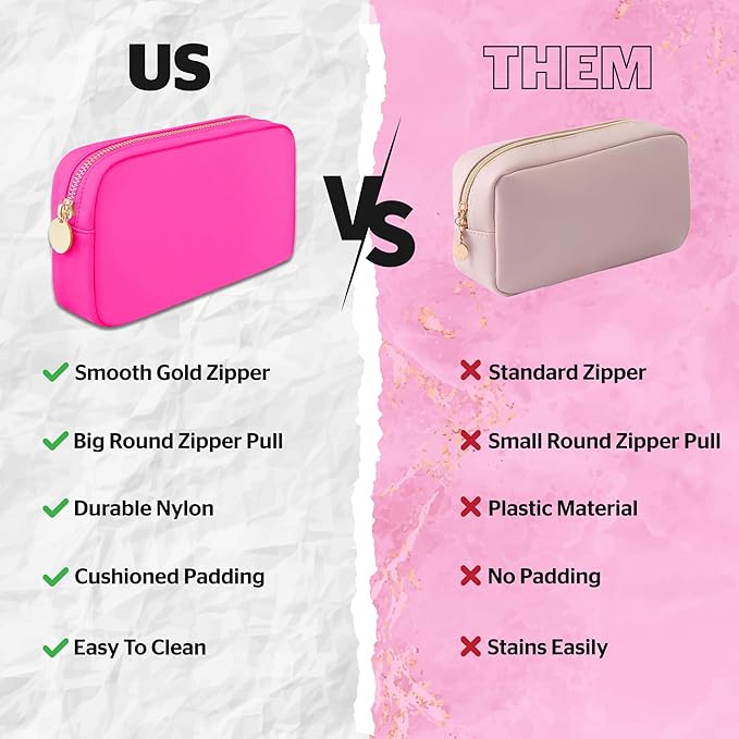 DANCOUR Small Makeup Bag – Cute Preppy Nylon Makeup Pouch, Small Cosmetic Bag for Purse, DIY Stuff Organizer, Hot Pink Travel Toiletry Bag