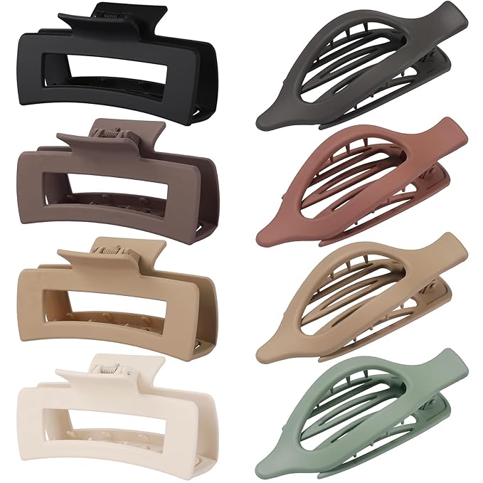 CHANDAT Hair Clips for Women 4.3 Inch Large Hair Claw Clips 8 pcs Square Claw Clips & Flat Hair Clips for Thick or Thin Hair French Concord Hair Barrettes Alligator Hair Accessories for Women (Basic)