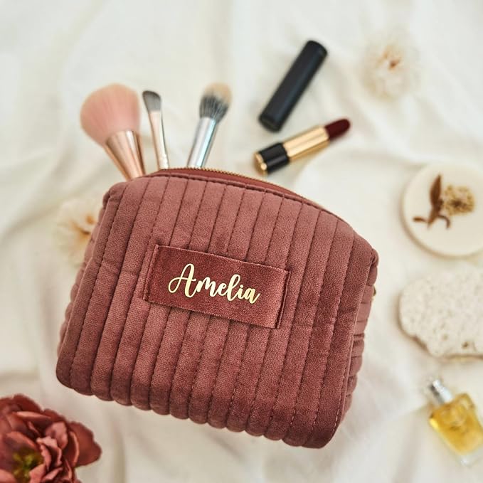 Snirov Custom Makeup Bag, Pink Velvet Personalized Cosmetic Bag with Zipper for Women Teen Girls Birthday Gifts Mothers Day Gifts for Mom