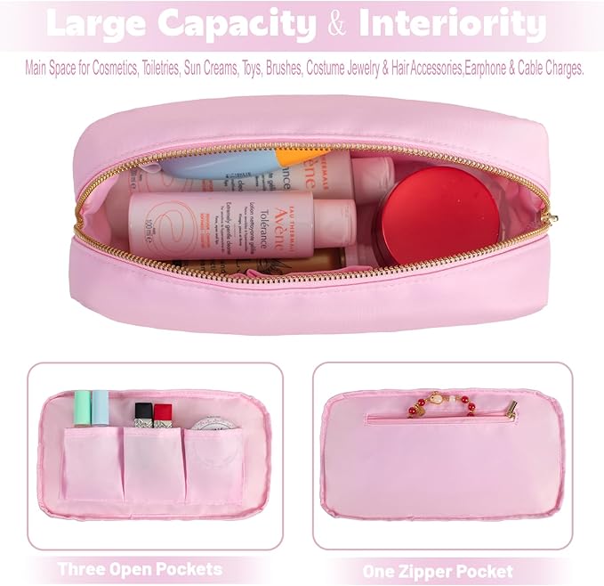 YogoRun Makeup Bag for Women Travel Pouch for Purse Small Toiletry Bag Organizer Water-resistant Nylon Cosmetic Pouch Bag with Four Pockets M, Light Pink