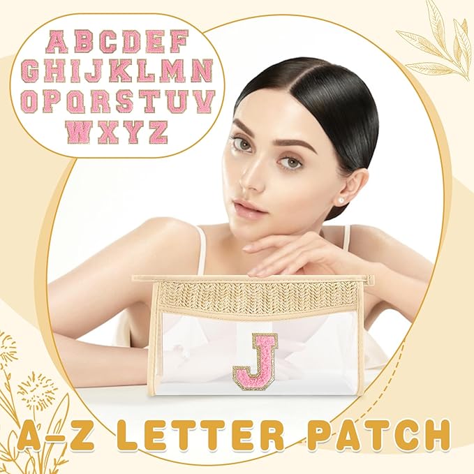 Small Boho Straw Initial Letter Makeup Bag Personalized Gift,Cute Clear Chenille Patch Makeup Bag With Zipper,Trendy TSA Approved Travel Toiletry Bag,Gift for Women Girls Birthday Friend, Letter J