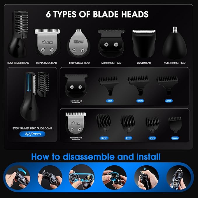 DSP 6-in-1 Grooming Kit for Men, Cordless Rechargeable Trimmer Set