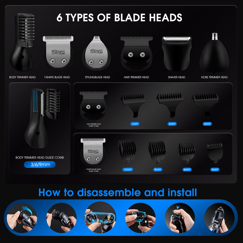 DSP 6-in-1 Grooming Kit for Men, Cordless Rechargeable Trimmer Set
