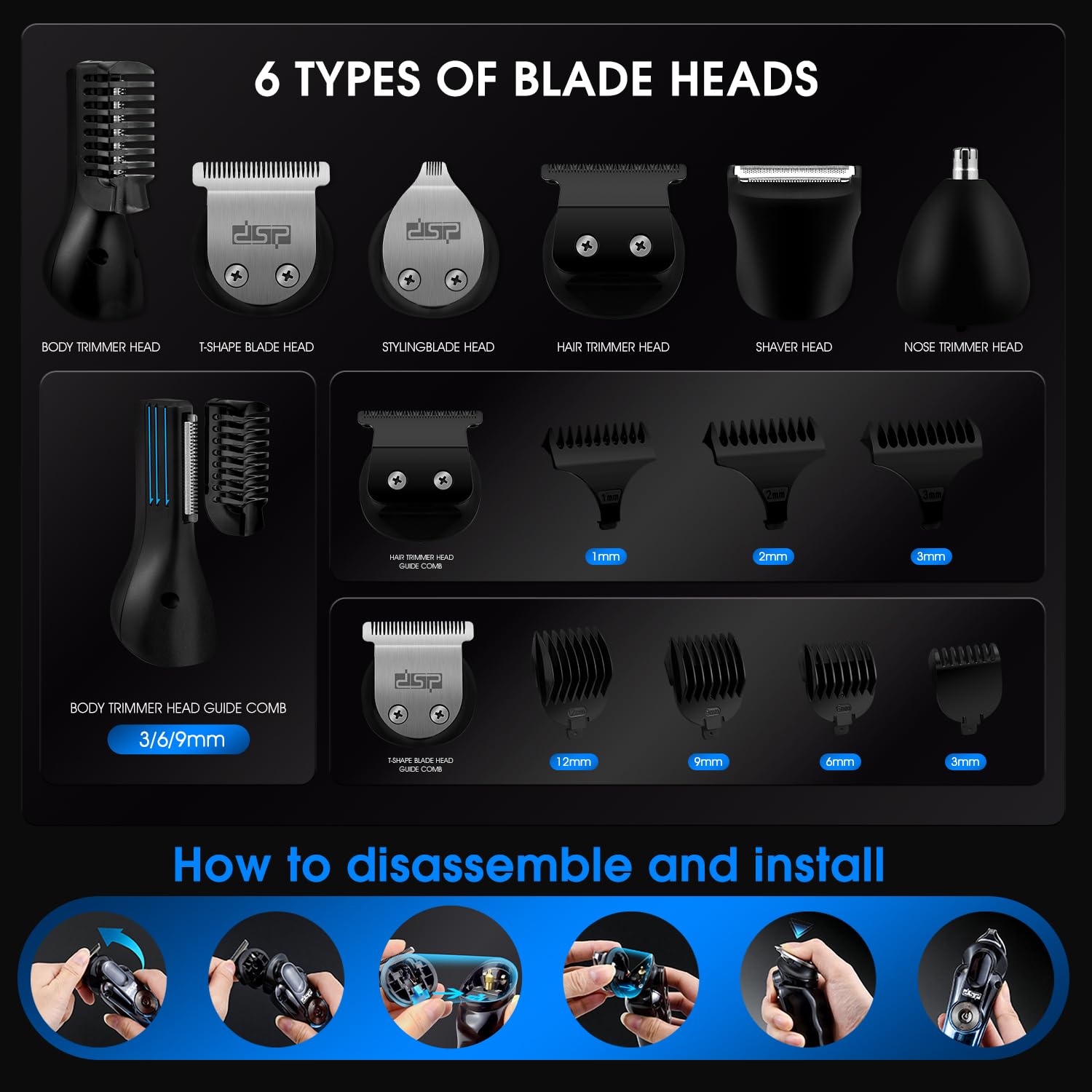 DSP 6-in-1 Grooming Kit for Men, Cordless Rechargeable Trimmer Set