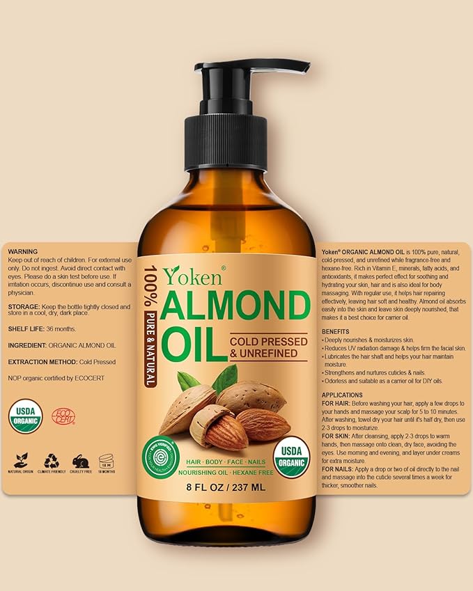 Yoken Organic Almond Oil 8 oz Glass Bottle, Cold Pressed for Skin & Hair