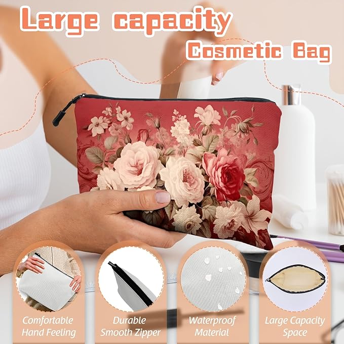 Scribesense Cosmetic Bags Travel Makeup Toilet Case Waterproof Pouch for Women Girls 6.7X9.45inches - Assorted Pale - Colored Flowers on A Red Ornamental Background