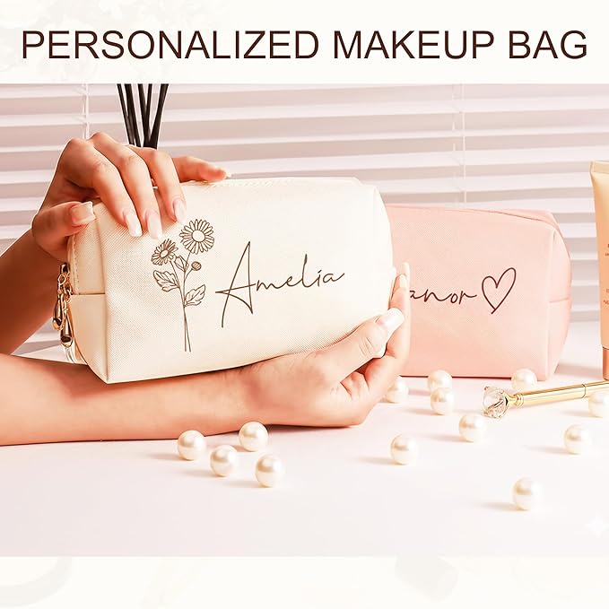 DayOfShe Personalized Name Makeup Bag for Bridesmaid Gifts Bridal Shower Wedding Gifts Custom Travel Toiletry Bag Cosmetic Bag for Best Friend Birthday Gifts