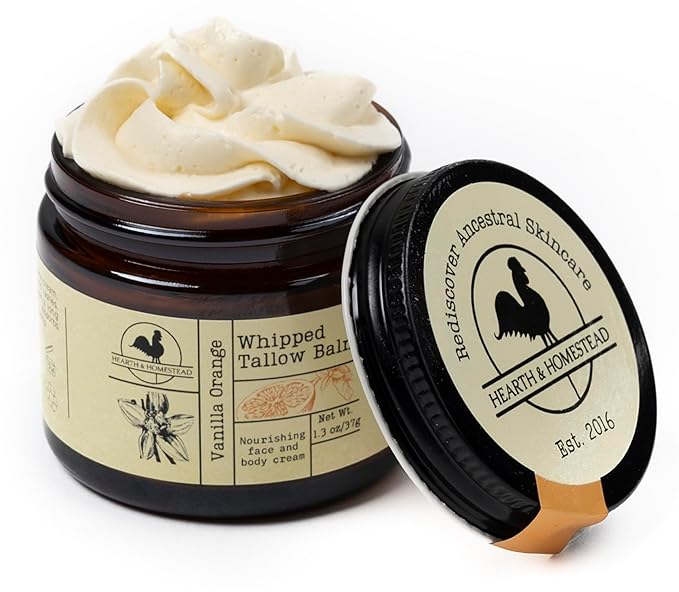 Hearth & Homestead Whipped Beef Tallow for Skin & Face - 100% Grass Fed, Eczema Cream & Body Butter, Organic Olive Oil, Calendula & Rose, Lotion & Hand Moisturizer for Dry Skin, Vanilla Orange, 1.3oz