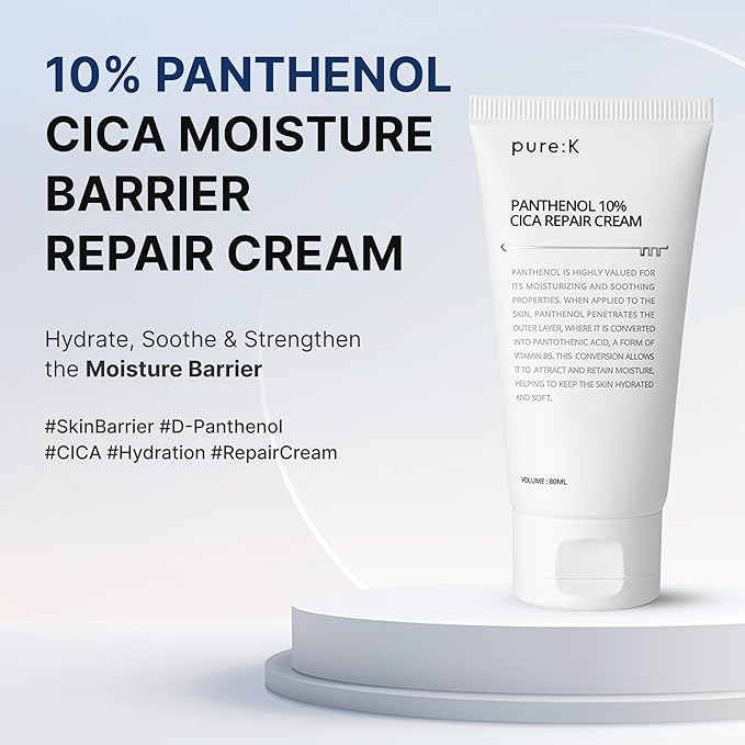 PURE K Panthenol 10% CICA Repair Cream – Clinically Tested Barrier Recovery Moisturizer for Sensitive, Post-Blemish & Redness-Prone Skin, Fragrance-Free & Vegan, Korean Skincare (2.7 Fl Oz / 80ml)