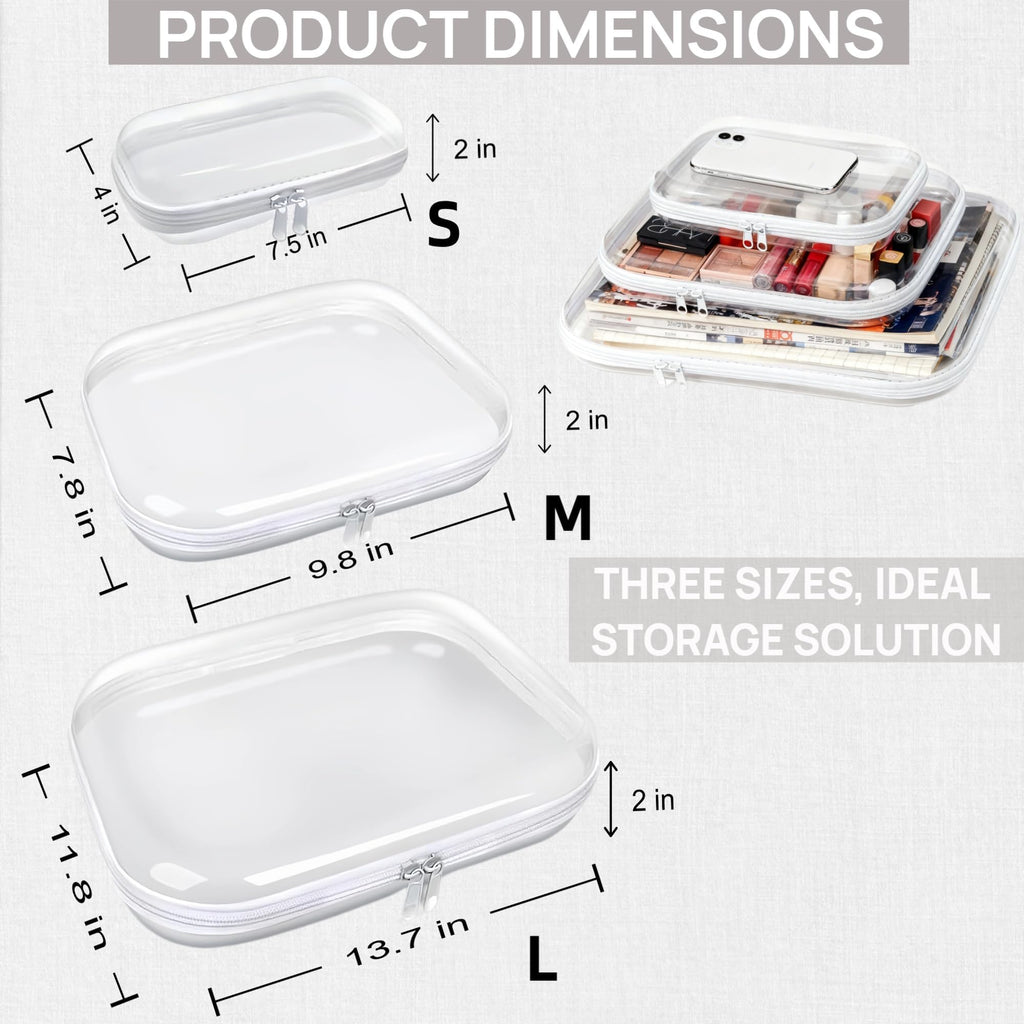 PGAXM 3PCS Clear Hard Plastic Zipper Case, Double Zippers Hard Pouch, Portable Travel Organizer Bin Clear Makeup Bag for Toy Storage, Snack Bag, Cosmetics, Diaper Bag, Toiletry Bag (3PCS-M)