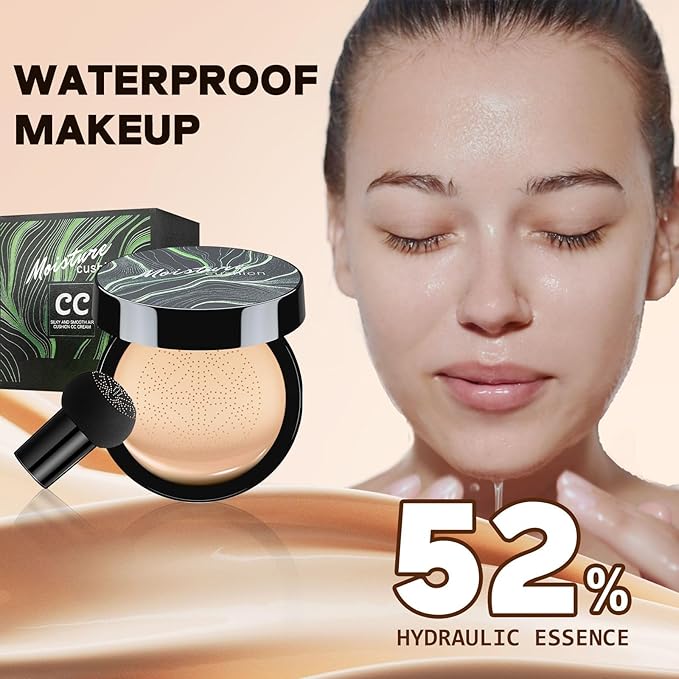 Air Cushion CC Cream Mushroom Head Foundation, Full Coverage Self Adjusting Concealer Vegan Formula Sweat-Proof, Matte Concealer Easy to Use (Deep)
