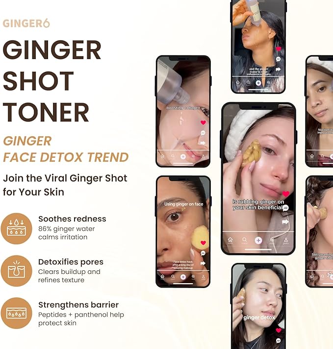 Ginger6 Essence Toner (150ml / 5 fl oz) – 86% Ginger Shot Water for Redness Relief, Hydration & Pore Care | Korean Skincare with Niacinamide, Peptides & Panthenol for Sensitive, Dull Skin