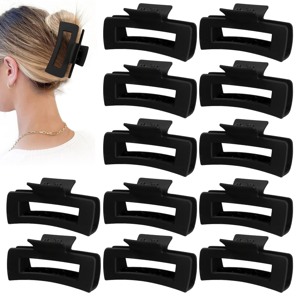 Sisiaipu 4.1 Inch Large Hair Claw Clips 12 Pcs Big Claw for Thick Hair Square Hair Clips Jumbo Jaw Clips Bulk Hair Accessories for women and Girls (Black)