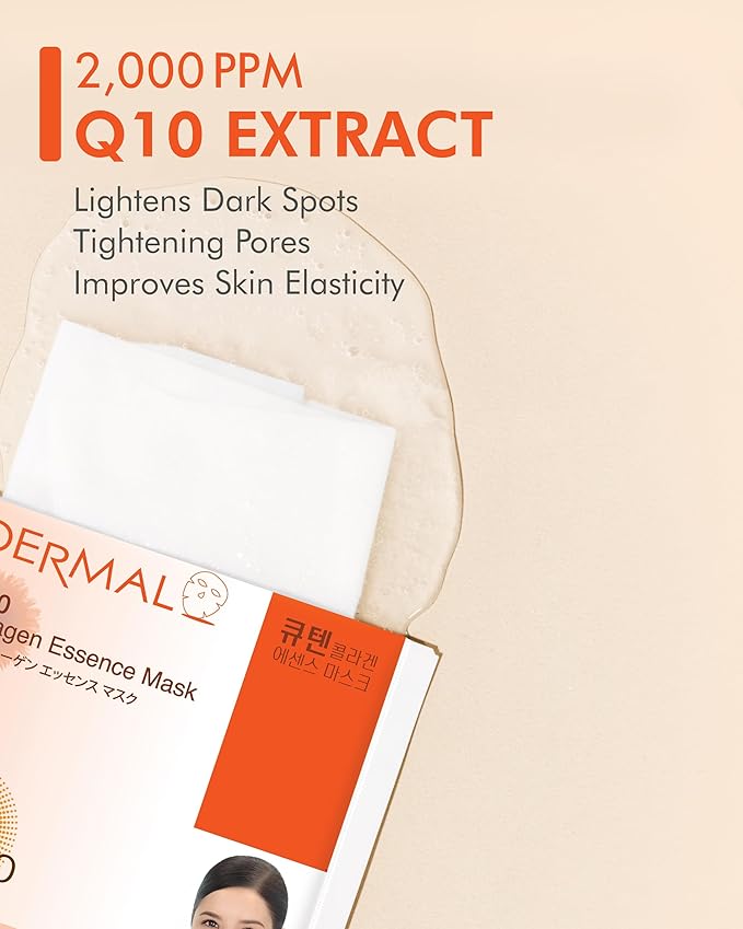 DERMAL Q10 Collagen Korean Essence Sheet Mask, Ubiquinone, 23g, 10 Pack