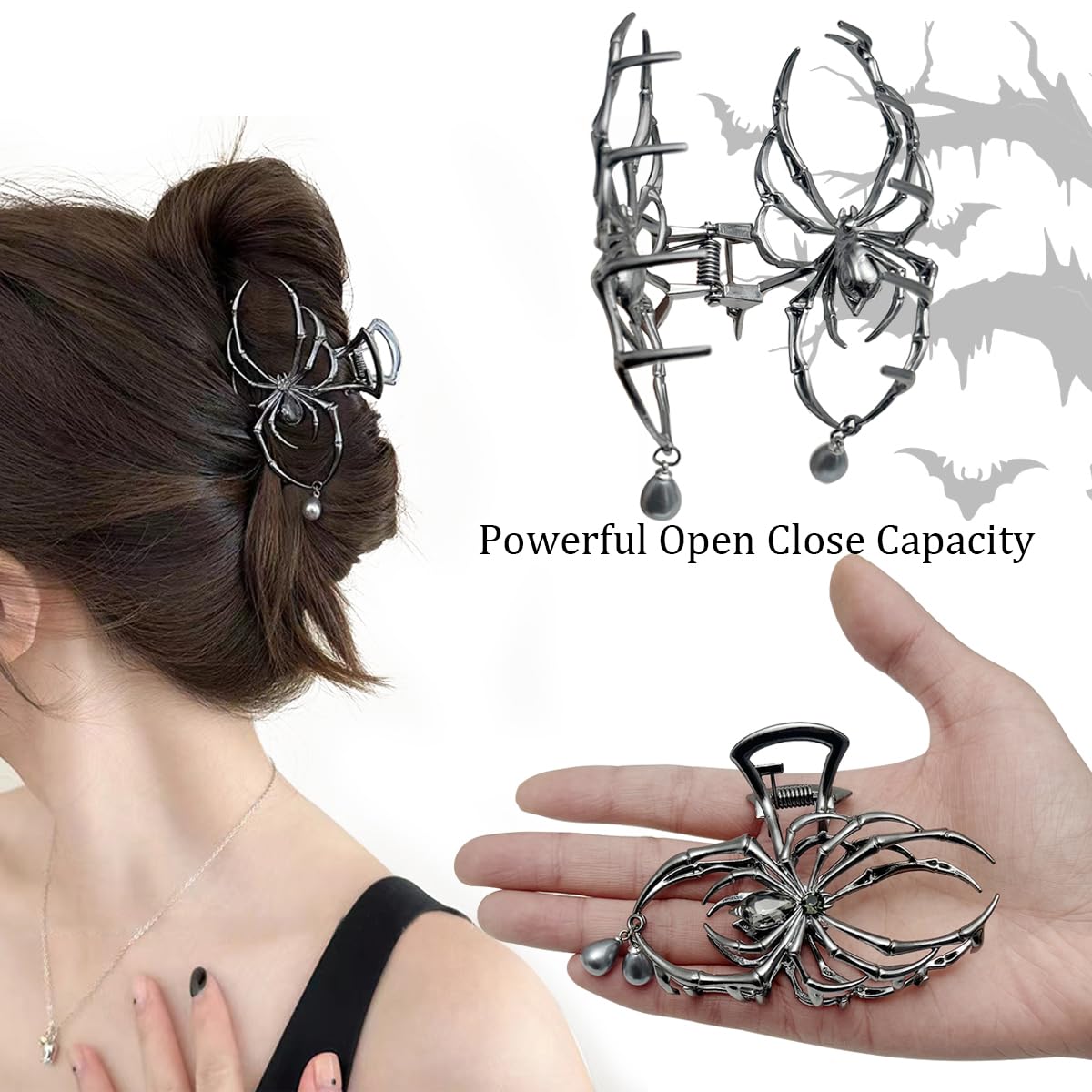 Parcce 3 Pieces Large Metal Spider Net Hand Hair Claw Clips for Women and Girls Thick Long Hair, Nonslip Skeleton Spooky Barrette Headband Hair Styling Accessories for Halloween