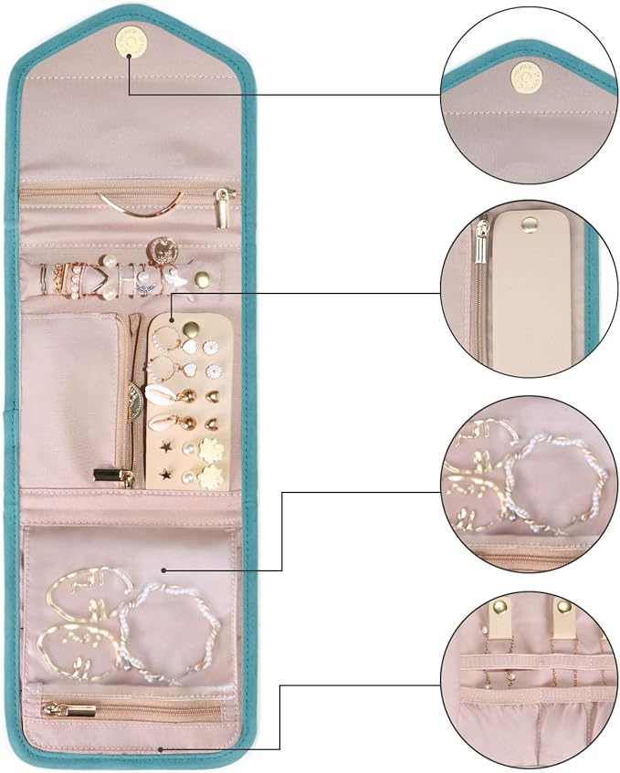 BAGSMART Travel Jewelry Organizer Case Foldable Jewelry Roll,Mini,Teal