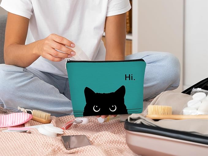 BARPERY Cat Makeup Bag - Cute Cosmetic Pouch for Cat Lovers, Black Kitty Design, Hi Kitty Gift for Women (Bluish Blue, Beige)