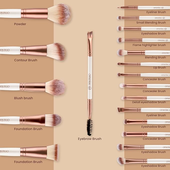 OMANIAC 20Pcs Makeup Brush Set Professional - Premium Synthetic Foundation Eyeshadow Blending Face Powder Brushes with Travel Case - Cruelty-Free Beauty Gift Kit for Beginners & Women (White)