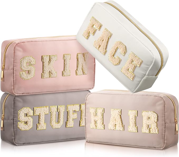 Cunno Preppy Makeup Bags Chenille Letter Stuff Bag Nylon Cosmetic Pouch Cases with Zipper for Women Travel Toiletry(Apricot Color,Classic,4 Pcs)