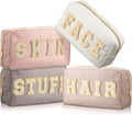 Cunno Preppy Makeup Bags Chenille Letter Stuff Bag Nylon Cosmetic Pouch Cases with Zipper for Women Travel Toiletry(Apricot Color,Classic,4 Pcs)