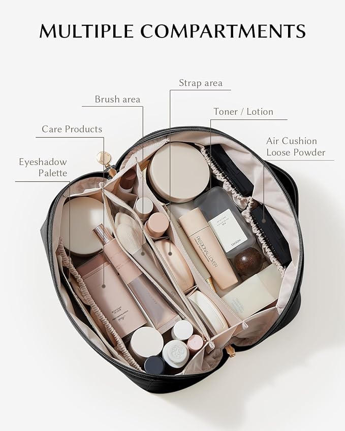 EACHY Travel Makeup Bag, Lychee Leather Large Capacity Cosmetic Bag for Women, Open Flat Toiletry Bag with TPU Brush Compartment, Waterproof Skincare Organizer Travel Essentials