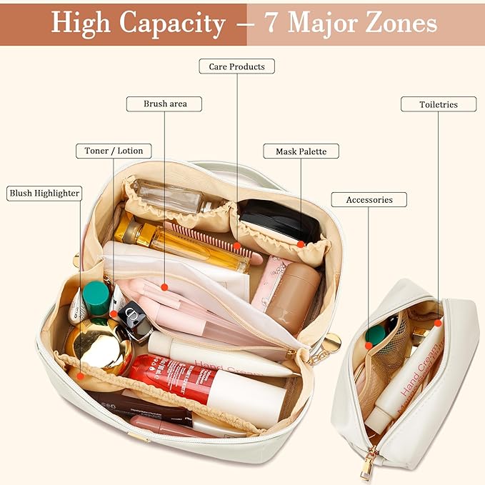 Birthday Gifts for Women Teen Girl, Personalized Initial Makeup Organizer Bag Set, Open Flat Travel Cosmetic Bag With Clear Divider and Handle(Beige,A)