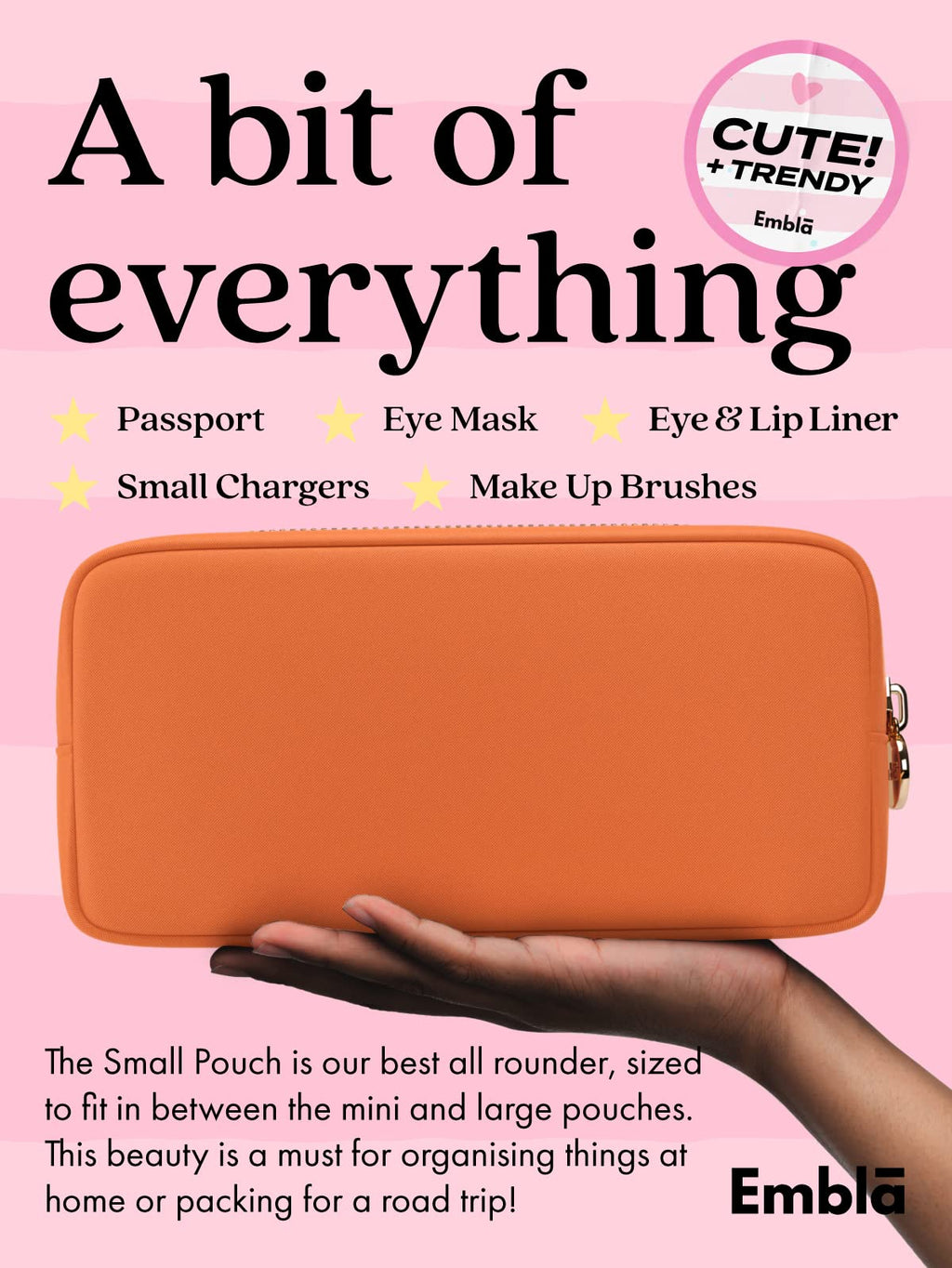 Embla Makeup Bag Travel Cosmetics Pouch and Toiletry Bag, Nylon Zipper Pouch Purse, Cute Make Up Organizer Storage Tote for Women Girls, Waterproof Travel Skincare Case, Small Makeup Bags, Peach