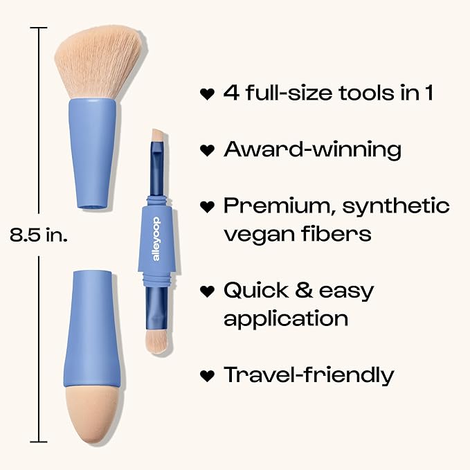 Makeup Brush Set Alleyoop Multi-Tasker 4-in-1 Travel Make Up Brush Set – Compact Makeup Brushes for Foundation, Blush, Bronzer, Contour, Eyeshadow, Brows & Liner