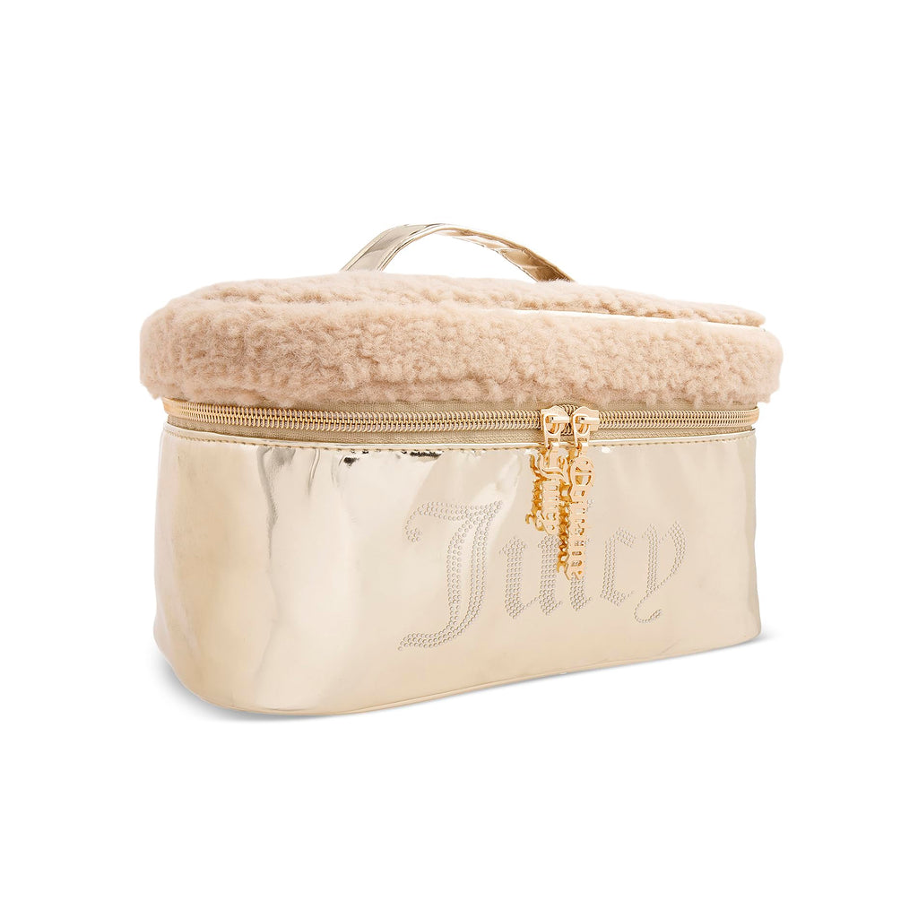 Juicy Couture Shiny Gold Makeup Bag, Faux Shearling Train Case, Rhinestones
