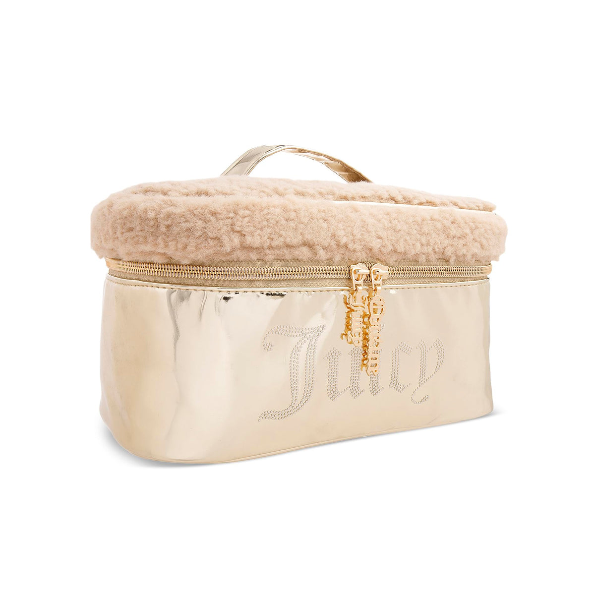 Juicy Couture Shiny Gold Makeup Bag, Faux Shearling Train Case, Rhinestones