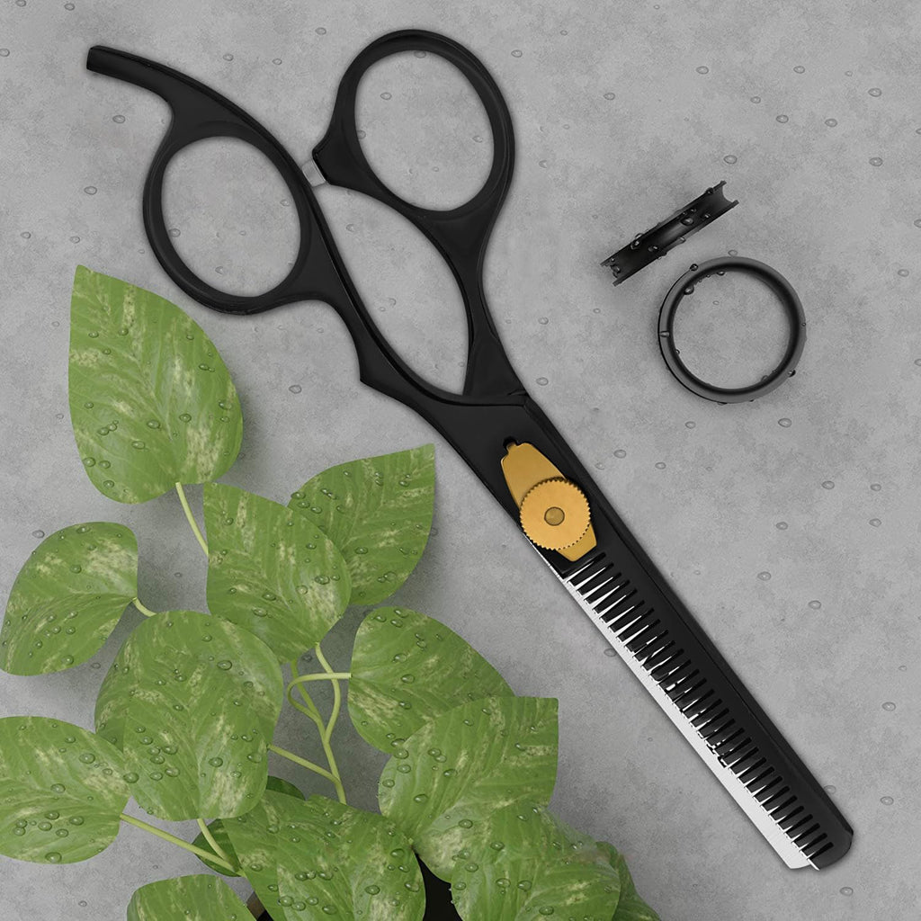 BEAUTICONE Professional Hair Thinning Scissors – Barber Texturizing Shears with Stainless Steel Teeth Blade, Leather Pouch Included, Salon Thinning Shears for Men & Women, Black
