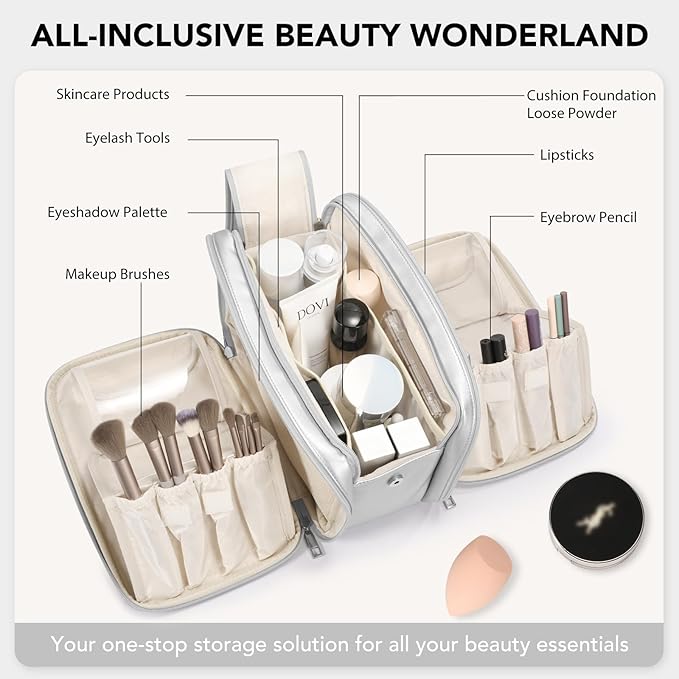 HauteHues Travel Makeup Bag Women's Large Capacity Cosmetic Portable Organizer Large Opening Waterproof Storage Toiletry Bags Vertical Free-Standing Brush Holder for Easy Access Silver