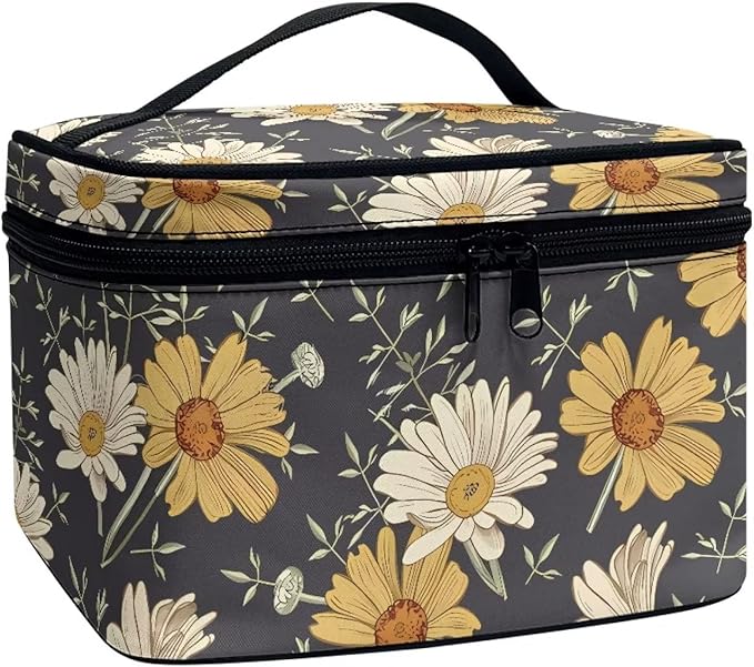 Drydeepin Cottagecore forest Daisy Flower Pattern Travel Makeup Bag for Women,Multifuntional Makeup Organizer,Large Capacity Cosmetic Bag,Toiletry Bag for Women with Zipper and Portable Handle