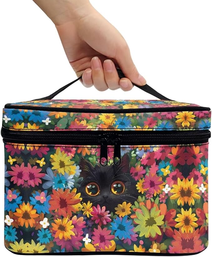 Drydeepin Black Cat Colorful Flowers Pattern Travel Makeup Bag for Women Large Capacity Cosmetic Bag with Zipper and Handle Portable Toiletry Bag Make Up Organizers