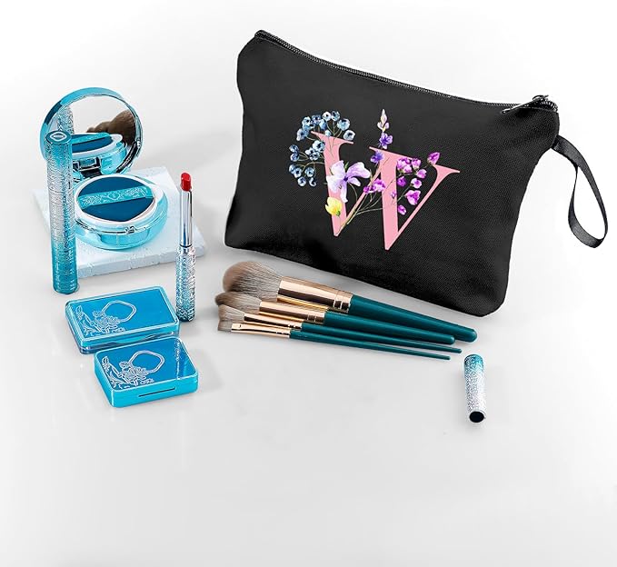 SEAMOON A-Z Personalized Gifts for Women, Small Makeup Bag with Mirror, W