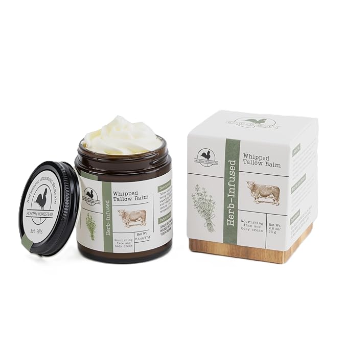 Hearth & Homestead Whipped Beef Tallow for Skin & Face - 100% Grass Fed, Eczema Cream & Body Butter - Organic Olive Oil, Calendula & Rose - Lotion & Hand Moisturizer for Dry Skin, Unscented, 2.6oz