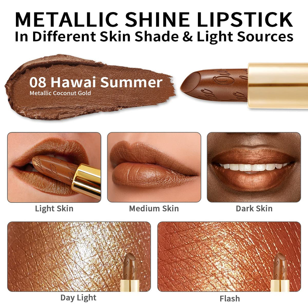 Oulac Dark Brown Lipstick for Women with Metallic 3D Shine Lightweight Hydrating Formula, High Impact Lip Color, Full Coverage Lip Makeup, Vegan & Gluten Free, Hawaii Summer(08)