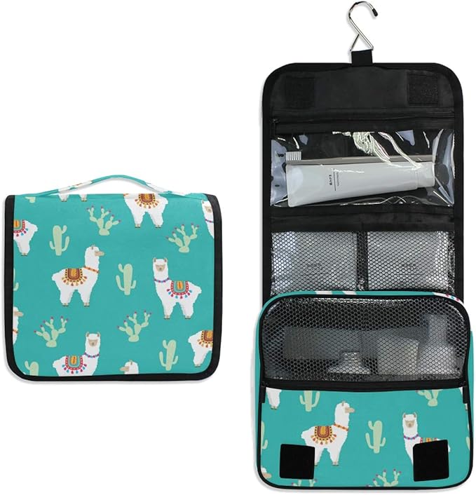 senya Hanging Travel Toiletry Bag Kit Makeup Case Cosmetics Organizer for Men Women Green Llama Alpaca And Cactus
