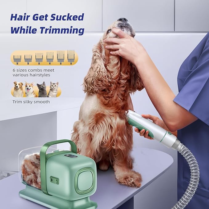 Buenkee Dog Grooming Vacuum Kit, 15000Pa Clipper, Shedding Brush, 2L, Green
