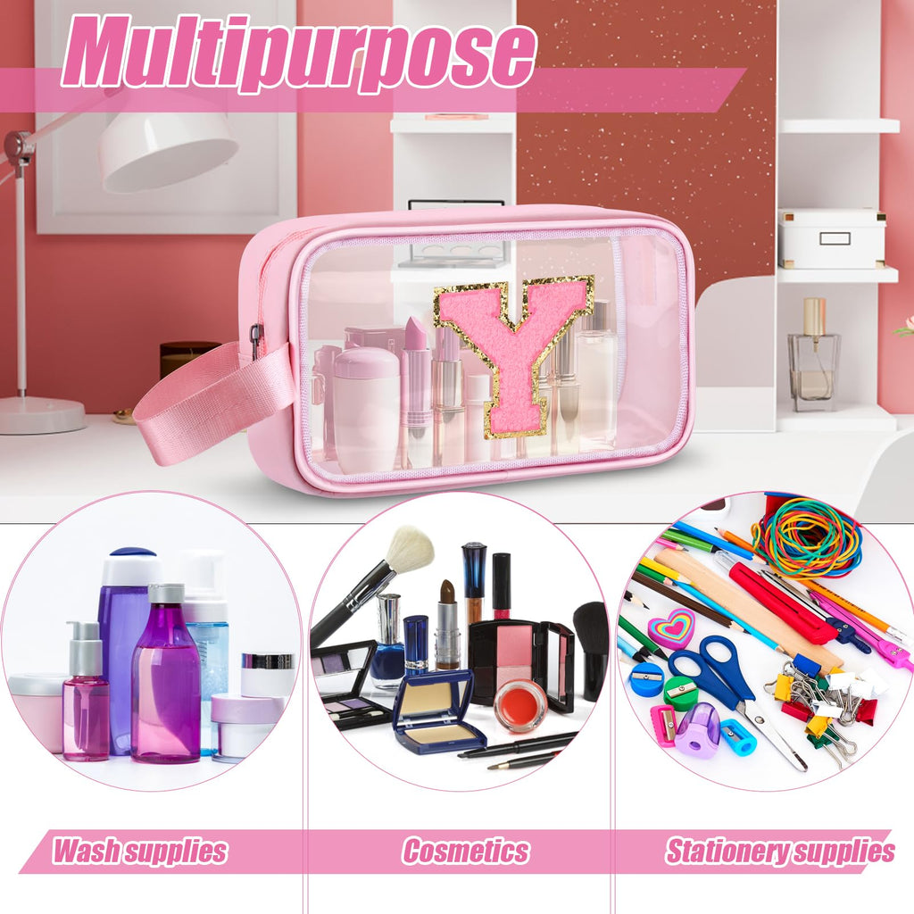 Vodolo Initial Makeup Bag,Letter Y Cute Clear Monogrammed Cosmetic Travel Bag for Womens Girls,Personalized Pink Aesthetic Traveling Make Up Organizer Bag for Beach,Waterproof Toiletry Bag