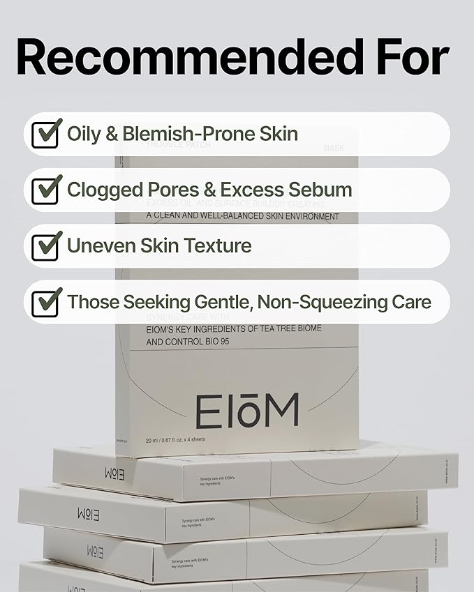EIOM Trouble Patch Mask – Full Face Sheet Mask for Acne-Prone Skin | Sebum-Absorbing Oil Control, Pore Purifying, Tea Tree Biome, Korean Skincare Acne Face Mask, Hydrocolloid-Infused Sheet (20ml x 4)