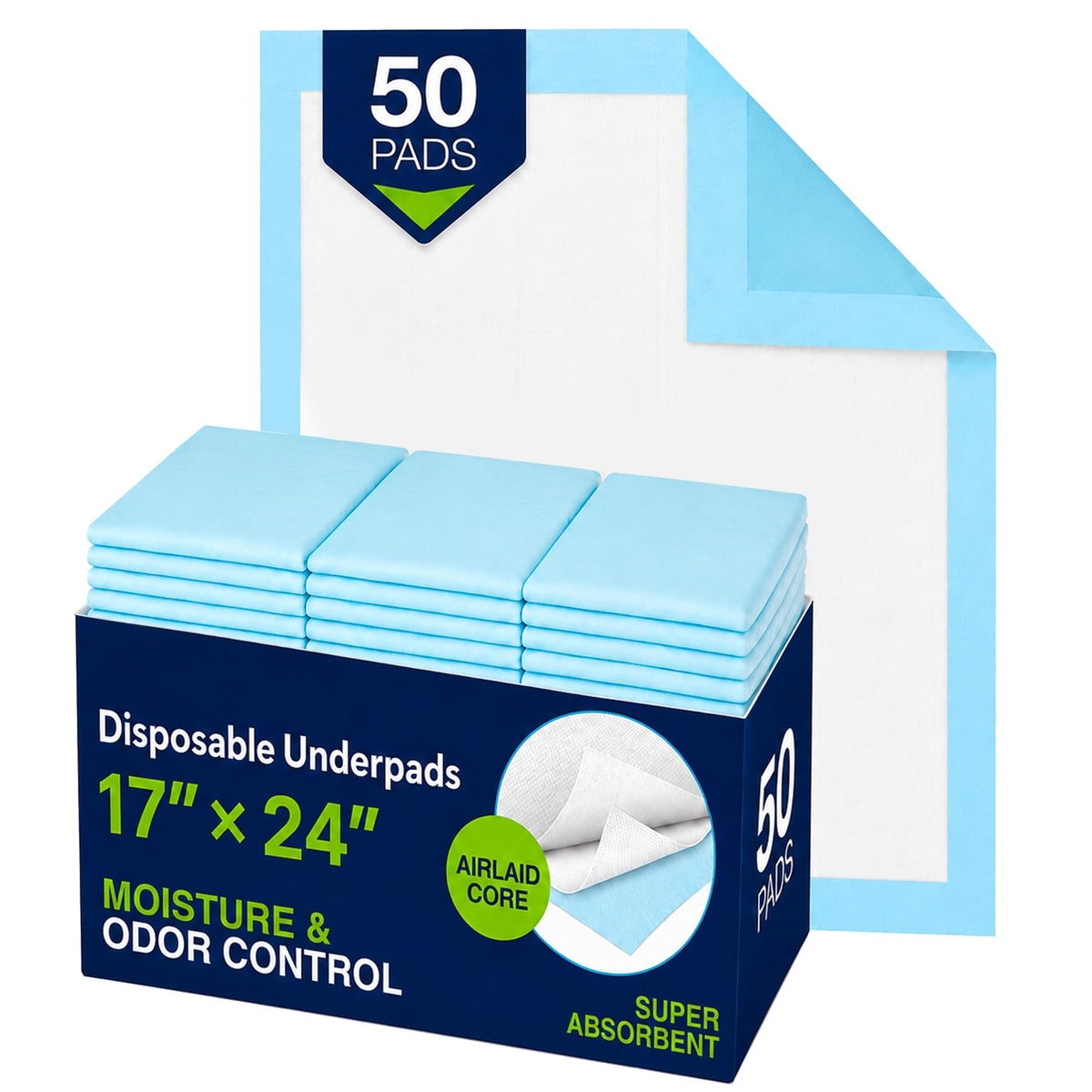 HALYARD Premium Disposable Underpads, 17 x 24 Inches Chux Pads - Light Blue, Pack of 50 - Incontinence Bed Pads for Adults with Airlaid Core for Moisture and Odor Control