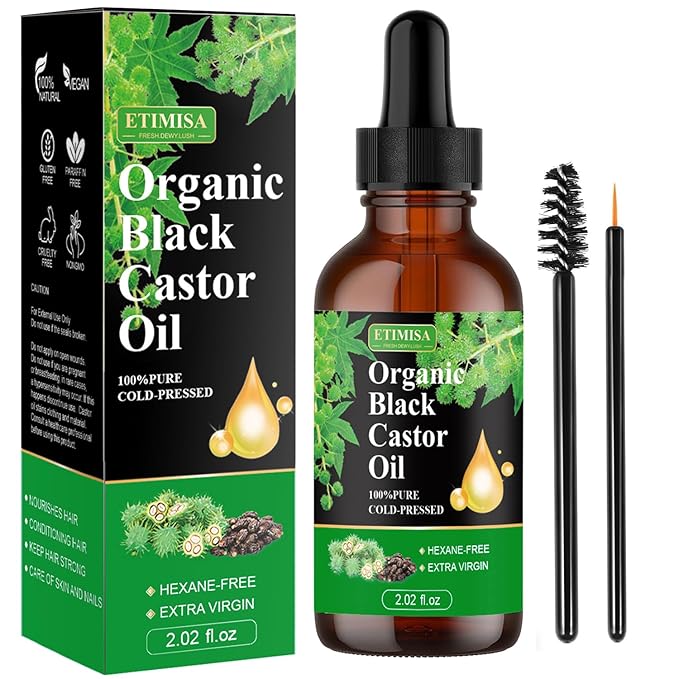 Etimisa Organic Black Castor Oil,100% Pure Natural,Cold Pressed, Glass Bottles, Hair,Eyebrow Care, Skin Care, Castor Oil for Body & Carrier Oil